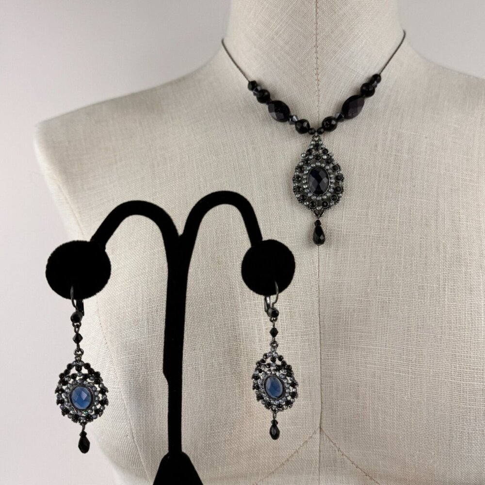 Vintage NR Pendant Necklace Dangle Earrings Set Gunmetal Midnight Blue Metallic